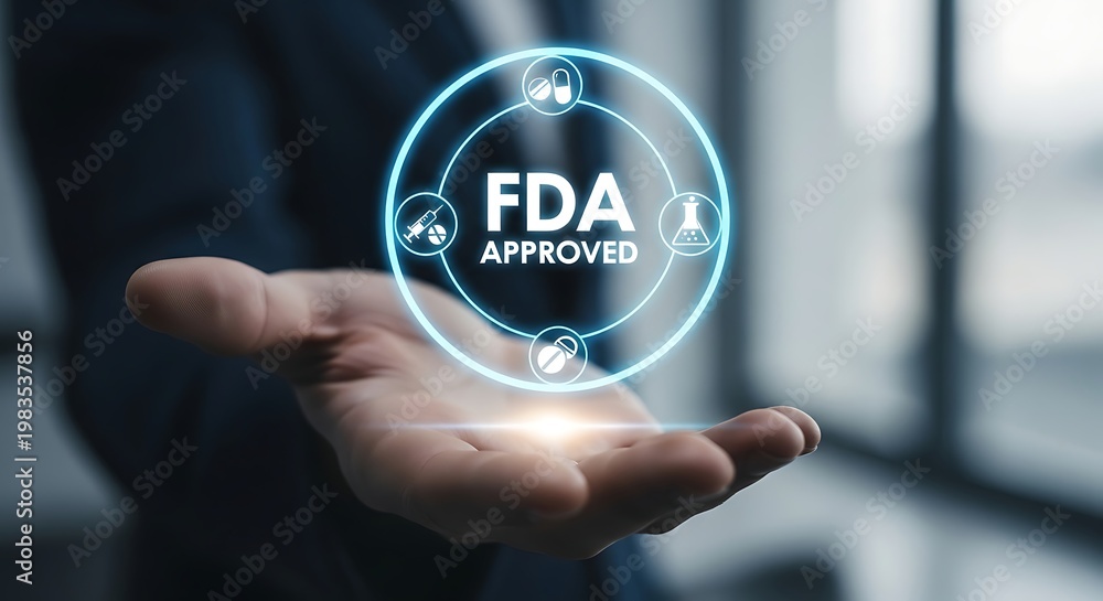 Obraz premium Businessman hand showing a futuristic FDA approved healthcare regulatory concept