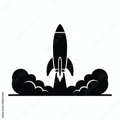 Rocket launch with smoke clouds silhouette illustration for startup or space concept