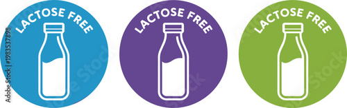 Lactose Free Round Label Badges with Milk Bottle Icon Colorful Dietary Product Sticker Set for Food Packaging Vector Illustration