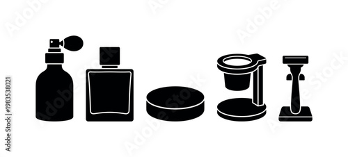 aftershave bottle spray, cologne bottle rectangular, shaving soap puck, brush stand holder, razor stand small bold black