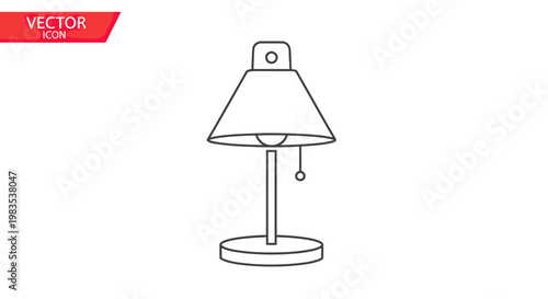 Minimalist line drawing of a desk lamp with a cone-shaped shade and pull chain