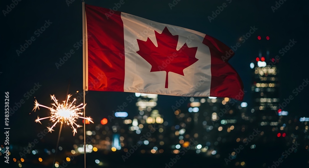 Obraz premium Canada day 2026 celebrations canadian flag waving with fireworks display