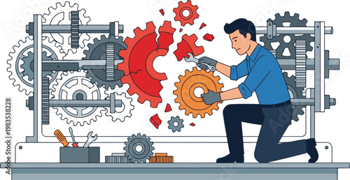 Engineer repairing broken machinery with tools in industrial setting
