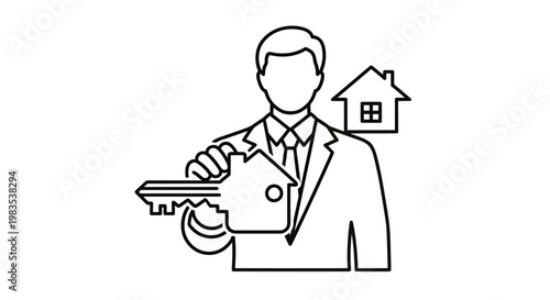 Stylized person in suit holds a house-shaped key with a small house icon behind