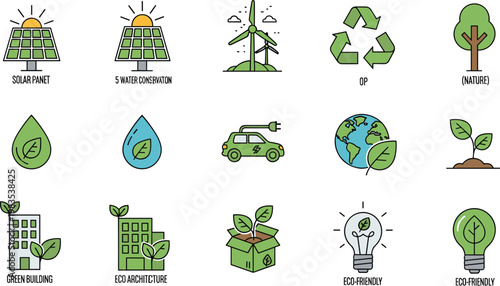 Eco-Friendly and Sustainability Icons Set Featuring Solar Panels, Recycling, Green Buildings, Electric Cars, and More