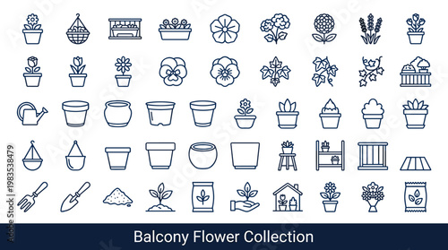 Collection of line art icons for balcony gardening and floral arrangements