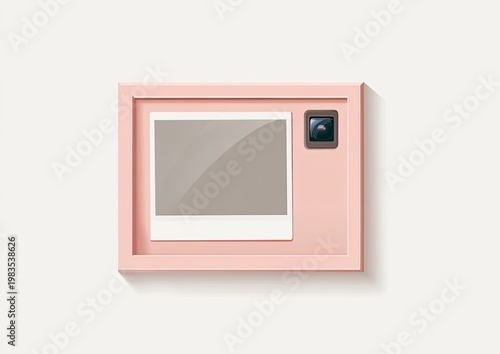 A pink rectangular board holds a polaroid-style photo and a small camera