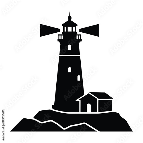 Lighthouse stands as a beacon on a rocky shore to guide maritime vessels safely through dark waters.