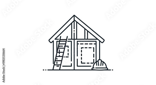 House construction scene with ladder and hard hat