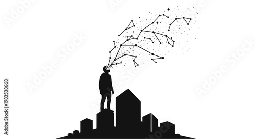 Man standing on cityscape with tree branches.