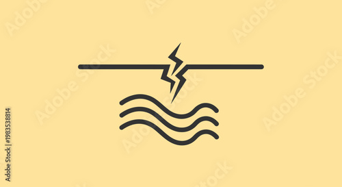 Line drawing of a crack splitting a horizontal line above wavy lines