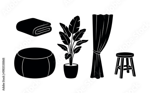 blanket folded throw, pouf soft seat, curtain drapery panel, indoor plant potted, floor cushion round bold black silhouette
