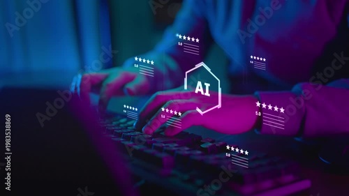 Digital marketing artificial intelligence and 5 stars rating review. Online customer feedback survey, service quality satisfaction, smart business strategy, and best ranking experience concept.