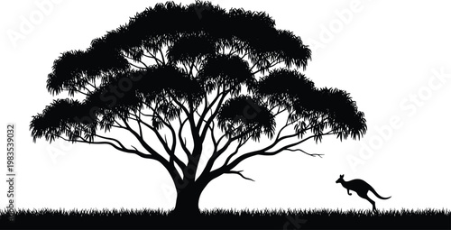 Australian wildlife silhouette with kangaroo hopping near large tree under wide canopy in natural landscape illustration