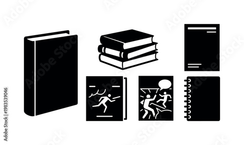 hardcover book upright, paperback book stacked, magazine thin rectangular, comic book illustrated, notebook spiral-bound bold