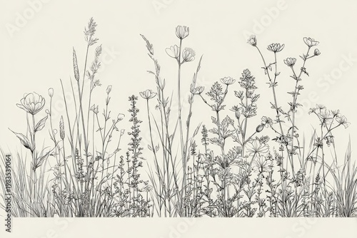 Detailed pen and ink illustration of various wildflowers and grasses against a cream background