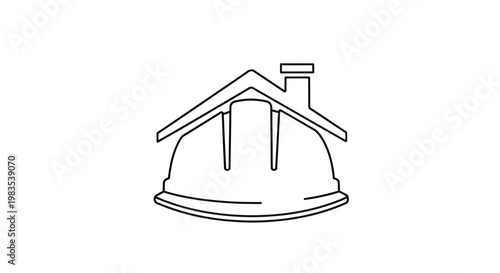 A minimalist outline of a hard hat topped with a house roof and chimney