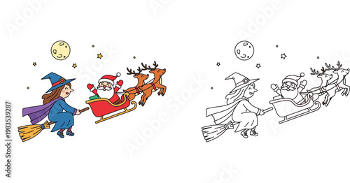 Santa Claus in Sleigh and Witch Flying on Broomstick Cartoon Vector Illustration with Coloring Page for Kids Christmas and Halloween Activities