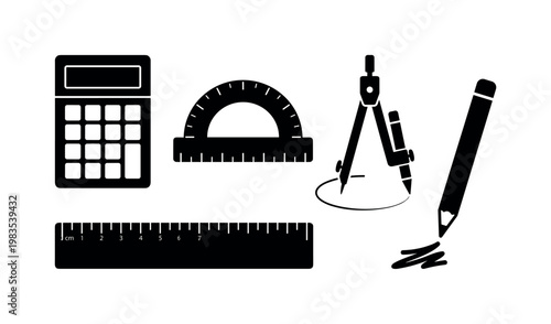 calculator rectangular, protractor half-circle, compass drawing circle, ruler straight edge, pencil writing tool bold black