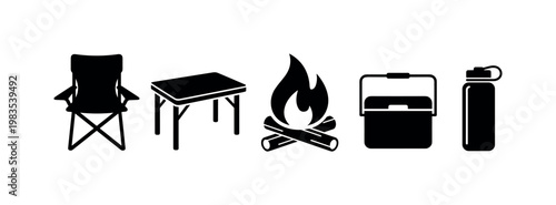 camping chair foldable seat, folding table rectangular, campfire burning flames, cooler box portable, water bottle reusable bold