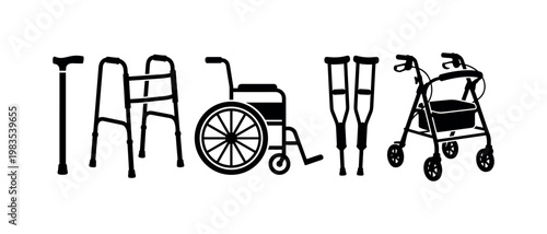 walking cane straight handle, walker mobility frame, wheelchair manual chair, crutches pair support, rollator with seat bold black