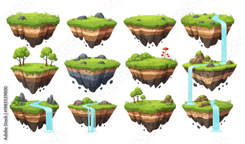 Fantasy floating island vector set cartoon ground grass game asset