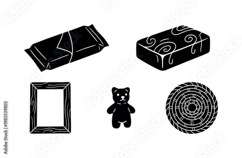 artisan chocolate bar wrapped, handmade soap bar rectangular, wooden picture frame, clay figurine small, woven coaster circular