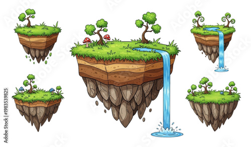 Floating island cartoon vector set fantasy land game UI background