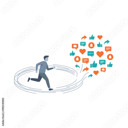 A man running in a circle chasing social media likes and notifications.
