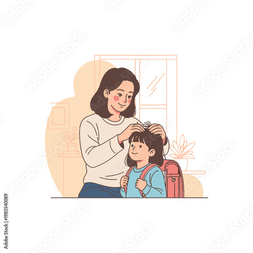 A loving mother gently adjusts her daughter's hair, preparing her for school with a backpack on, in a warm home setting.
