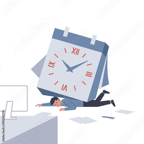 Businessman crushed by a giant calendar clock symbolizing work deadline stress and time pressure.