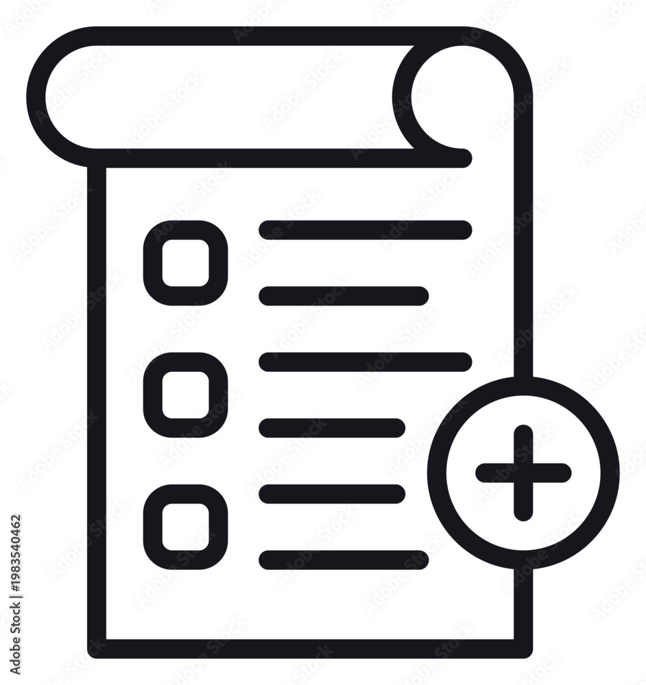 © Marjana - Black line vector icon illustration of a checklist document with checkboxes and a plus sign symbol, representing adding a new task, creating a list, or registration for web and app design.