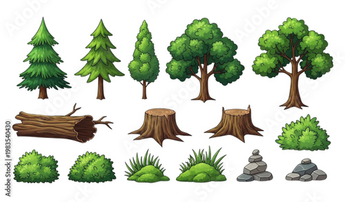 Forest cartoon elements vector set tree stump moss stone game UI assets