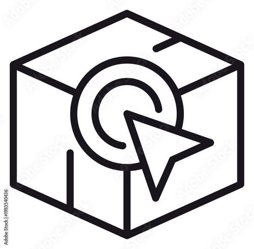 Tableau sur toile Minimalist black vector icon illustration of a cardboard delivery box with a mouse cursor arrow clicking a circular target, symbolizing online shopping, e-commerce, and digital product selection