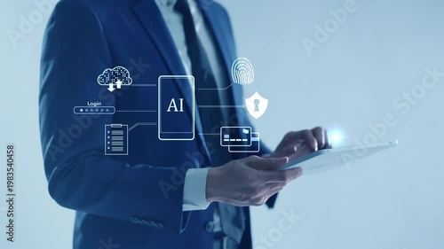 Mobile phone artificial intelligence and cyber security technology. Smart digital data protection, cloud network connection, online business communication app, and futuristic innovation concept.