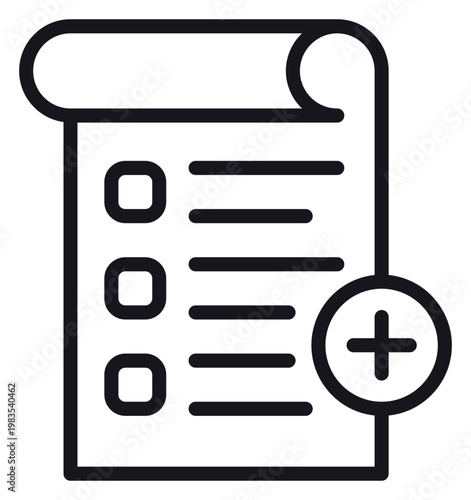 Black line vector icon illustration of a checklist document with checkboxes and a plus sign symbol, representing adding a new task, creating a list, or registration for web and app design.
