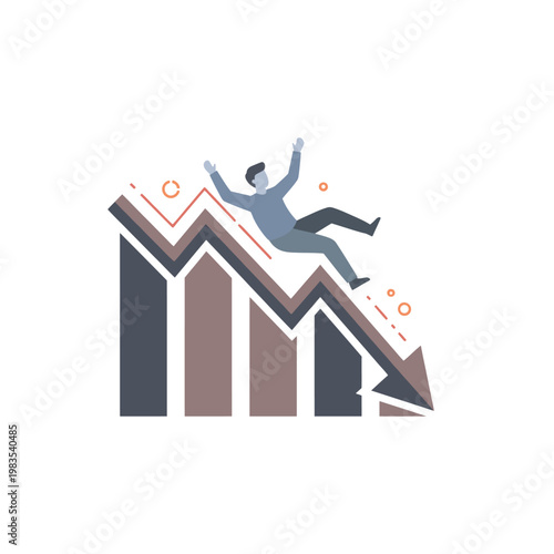 Businessman sliding down a falling financial arrow on a bar chart representing economic crisis.