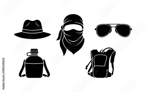 wide brim desert hat, head scarf shemagh wrap, sunglasses aviator style, water canteen bottle, hydration backpack pack bold black