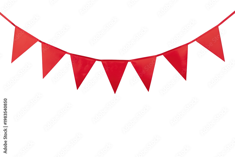 Fototapeta premium Red bunting flags creating a festive garland, decorative party banner hanging for celebration events with transparent background