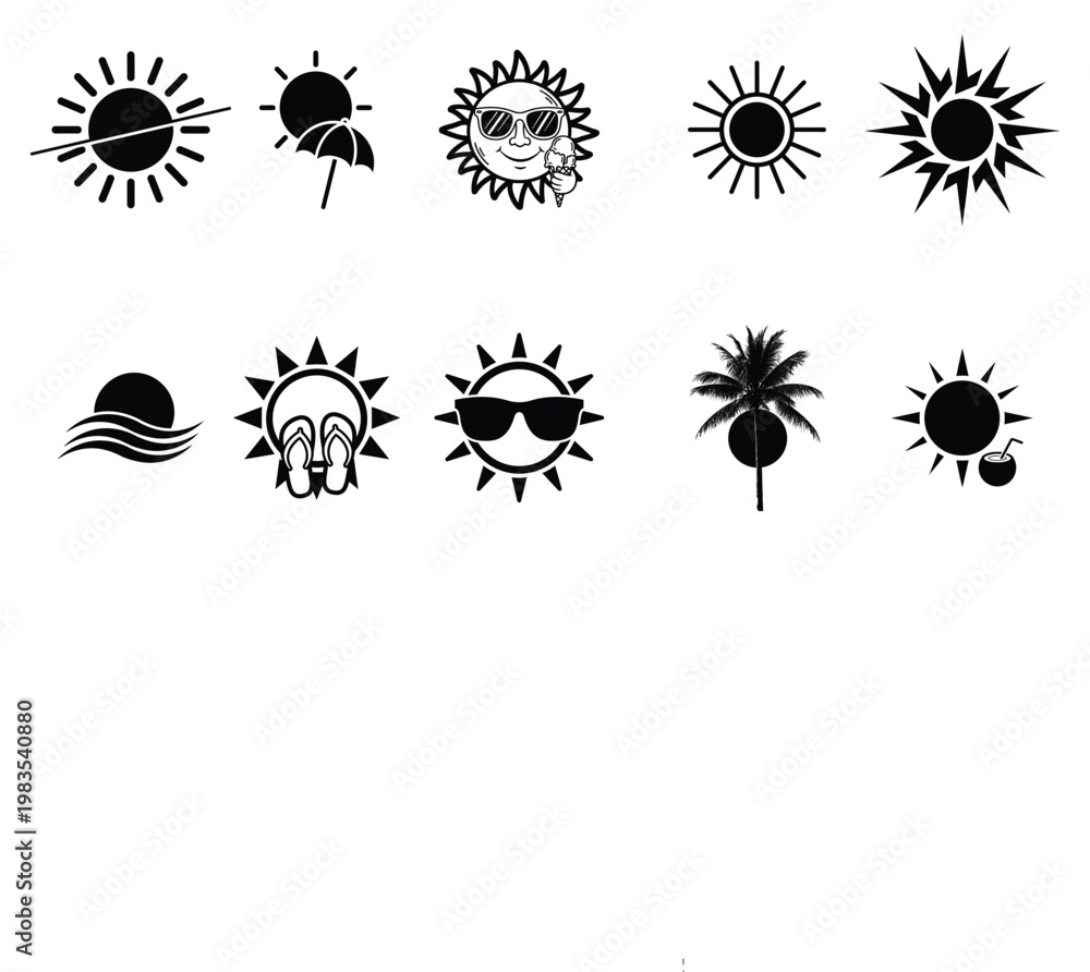 Fototapeta premium Summer sun icons bright designs for vacation heat and sunny days