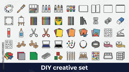 Collection of art and craft supplies for creative projects and hobbies