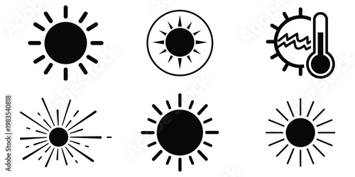 Summer sun icons heat sunshine and temperature vector illustration set