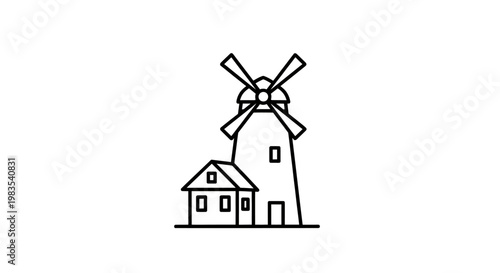 A simple line drawing of a windmill next to a house on a white background