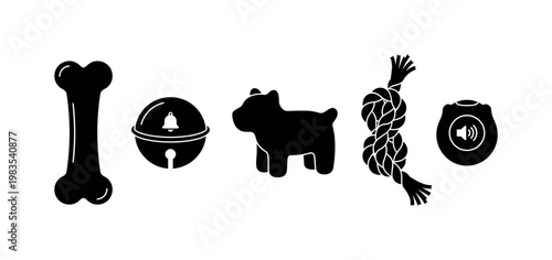 dog toy chew bone, cat toy ball with bell, plush pet toy animal, rope tug toy, squeaky toy small device bold black silhouette