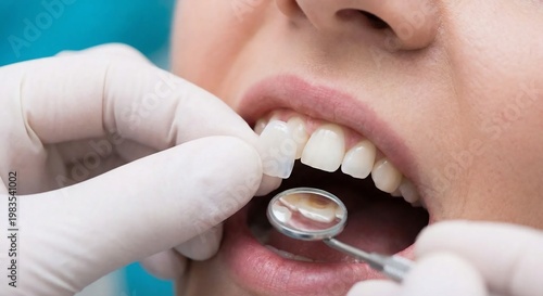 Dentist applying white ceramic dental veneer to patient front tooth during cosmetic procedure.