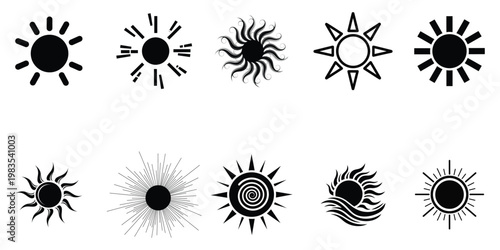Summer sun icons diverse black and white sun designs for warm weather themes