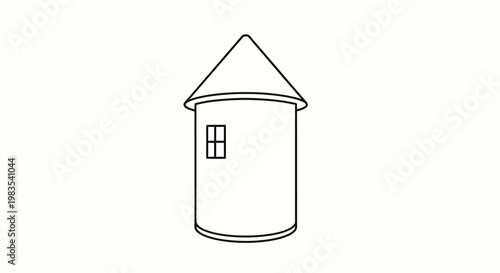 Simple line drawing of a cylindrical tower with a conical roof and one window