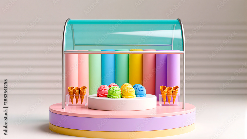 Fototapeta premium Pastel Ice Cream Scoops Display with Cones