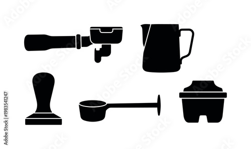 espresso portafilter handle, milk frothing pitcher, coffee tamper flat base, coffee scoop measuring, replacement water filter bold