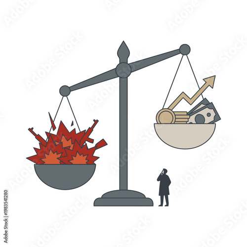 Conceptual Illustration of a Scale Balancing War Conflict Weapons Against Financial Profit and Business Growth.